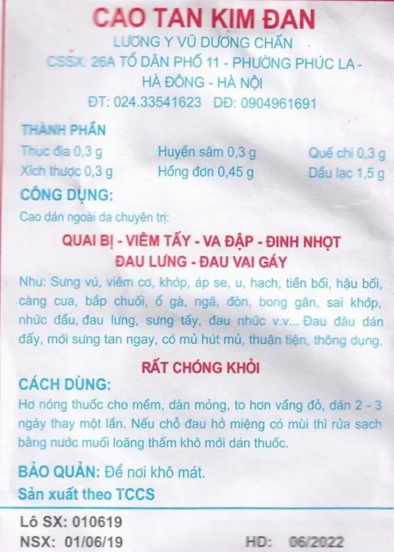 Cao dán hút mủ áp xe Cao Tan Kim Đan