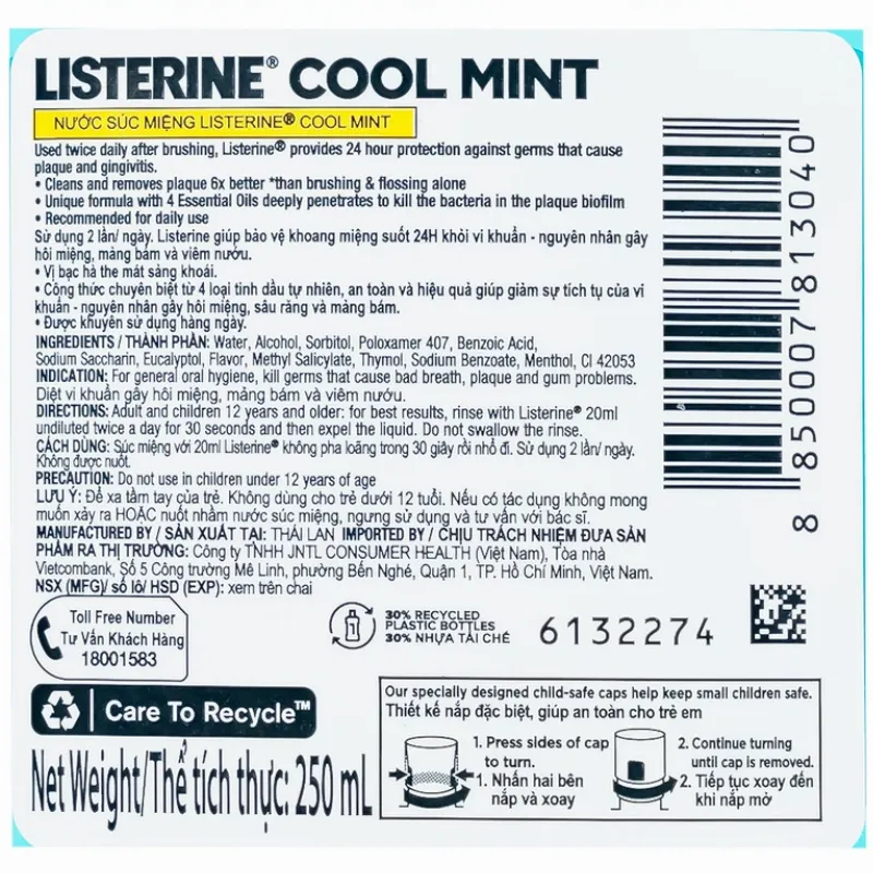 Nước súc miệng Listerine Cool Mint bảo vệ khoang miệng suốt 24h khỏi vi khuẩn hôi miệng, mảng bám, viêm nướu (250ml)