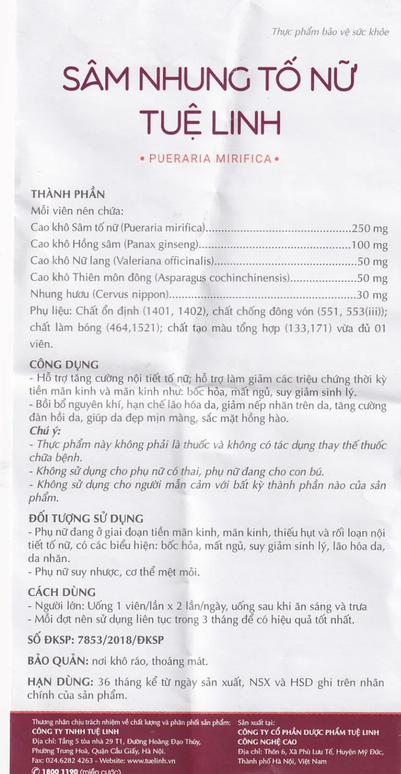 Viên nén Sâm Nhung Tố Nữ Tuệ Linh hỗ trợ tăng cường nội tiết tố nữ (Hộp 30 viên)